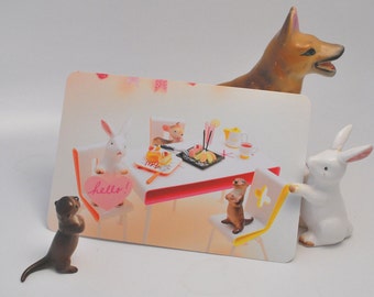 Hello Postcards--Pack of 8 featuring ceramic animal figurines and tiny Japanese foods