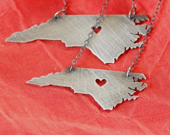 Petite Blackened Silver North Carolina Necklace with Heart