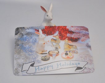 Happy Holidays Postcards--Pack of 8 featuring ceramic animal figurines and tiny Japanese foods