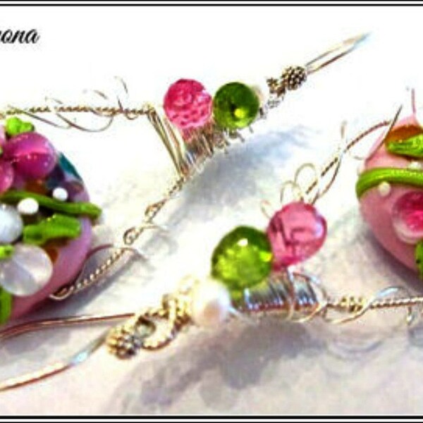 Sale ~ Lampwork Earrings Accented With Gemstones... Pearls...Sterling Silver...Rose Garden Earrings...One Of A Kind