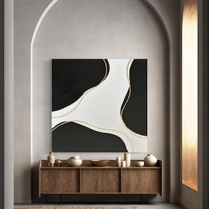 Modern Abstract Canvas Wall Art, Contemporary Artwork  Black White Painting Minimalist Art gold leaf painting original Artwork neutral Art