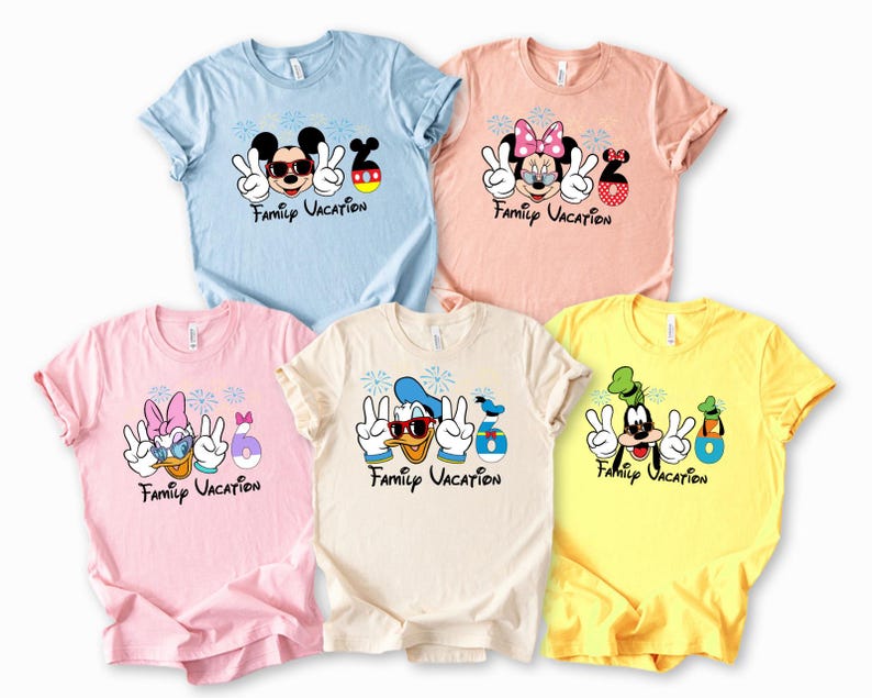 A collection of five t-shirts featuring Disney characters and the text "Family Vacation" printed on them.