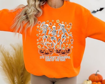 T-shirt d'Halloween : Pull à motif citrouille squelette, Haut confortable pour l'automne, Vêtements pour la saison des frissons