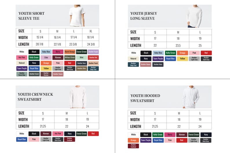 four different sizes and styles of youth clothing, including a short sleeve tee, a long sleeve tee, a crew neck sweatshirt, and a hooded sweatshirt. The sizes are listed in both S and M, and the widths range from 15 to 24 inches. The lengths are listed as 18 to 24 inches. The clothing items are available in various colors, such as white, black, blue, green, red, and more.