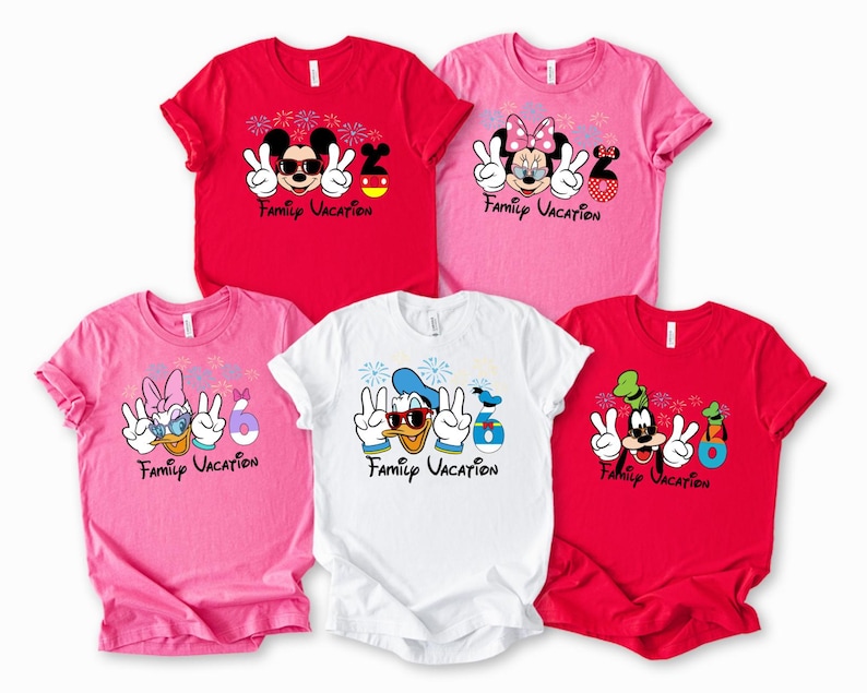 A collection of five t-shirts featuring Disney characters and the text "Family Vacation" printed on them.
