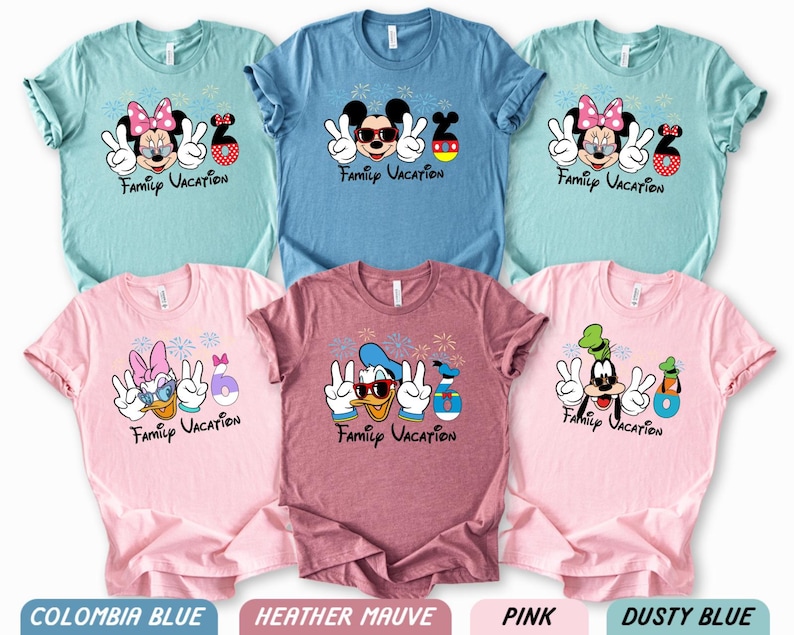 a collection of six t-shirts featuring Disney characters and the text "Family Vacation" printed on them.