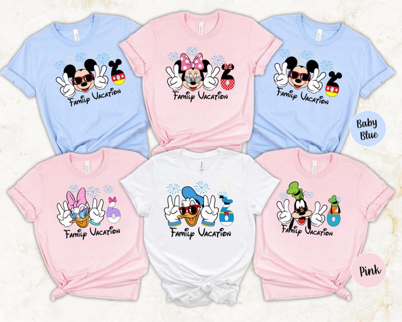 a collection of six t-shirts, each featuring a different Disney character and the text "Family Vacation" printed on them.