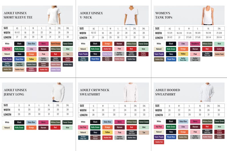 six different size and style charts for adult unisex short sleeve t-shirts, including black, brown, green, and other color options. The charts provide the size and style options for men and women, as well as tank tops.
