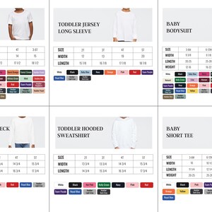 six different images of children's clothing items, including a toddler short sleeve tee, a toddler jersey long sleeve, a baby bodysuit, a toddler hooded sweatshirt, a toddler crew neck sweatshirt, and a toddler short tee. Each item has a size and width listed, along with a color option. The images are arranged in a grid format, with each row representing a different clothing item and each column representing a different size option.