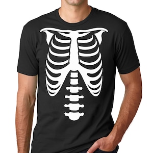 May include: A black t-shirt with a white skeleton ribcage design on the front.