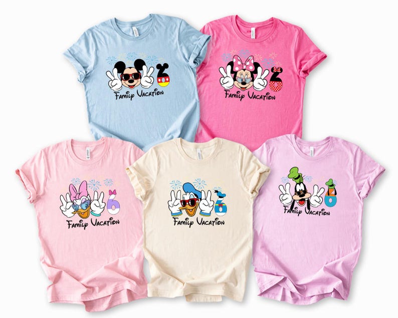 five t-shirts with Disney characters and the text "Family Vacation" printed on them.