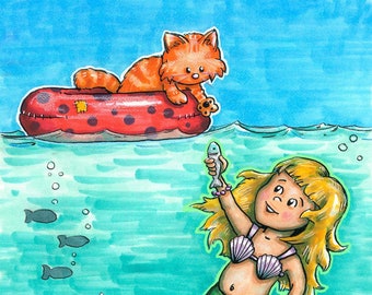 Cute Orange Kitty Makes a Mermaid Friend