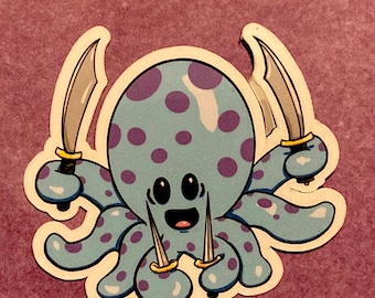Cute Blue Octopus Holding Swords and Knives
