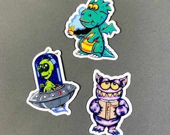 Sticker Bundle Pack Set of 3 Vinyl Stickers | Dragon | Alien | Monster