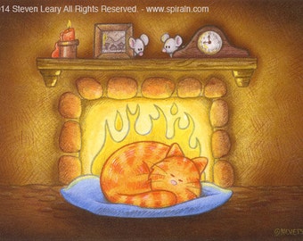 Cozy Cute Cartoon Orange Kitty Cat Naps by the Fireplace 8"x10" wall art