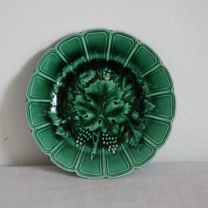 Peut inclure: Une assiette en céramique verte avec un motif de feuille de vigne et de grappes de raisin. L'assiette a un bord festonné et une finition brillante. Le motif est d'une nuance de vert plus foncée. L'assiette est ronde et repose sur une surface blanche.