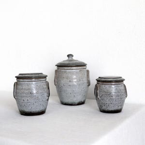 Op de afbeelding: Drie keramische potten met deksels in verschillende maten. De potten zijn grijs gespikkeld met donkerbruine randen en handvatten. Ze zijn gerangschikt op een wit oppervlak tegen een witte achtergrond.