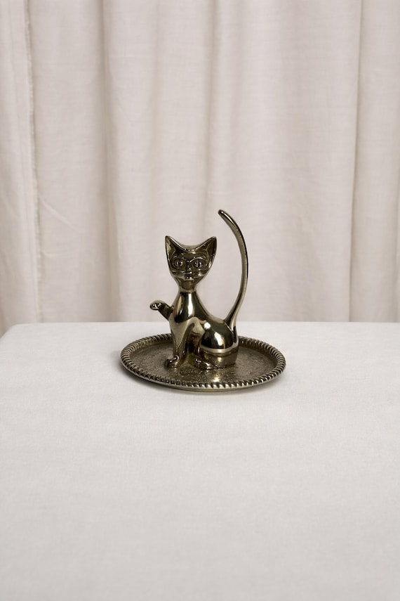 Vintage Silver-Plated Metal Ring Holder, Cat Design, 1960s, Elegant Gift, Original Ring Holder, Bathroom Decoration, Cut Metal