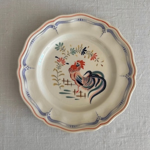 Vintage Longchamp mismatched plate, French made, Antique earthenware, Table decoration, Floral and rooster motif