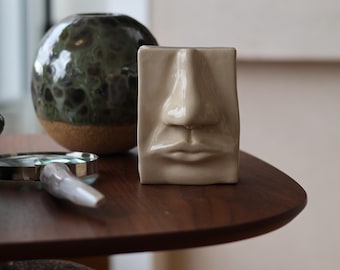 Standing sculpture of a man's lower face, Ancient Greek inspiration, Unique ceramic piece, Unique handmade ceramic creation