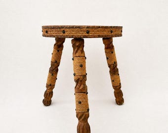Antique tripod stool, carved wood and rope, rustic vintage decor, French country house, seat or plant stand, gift