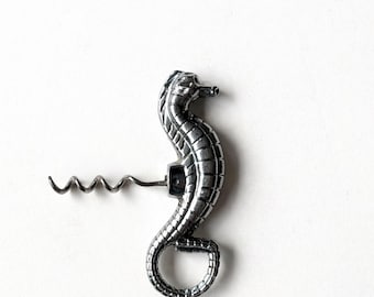 Vintage Silver-Plated Metal Bottle Opener, Antique Corkscrew, Seahorse Design, Bar Accessory, Made in France, Rare Gift