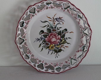 Vintage Decorative Wall Plate, Unique Hand Painted Plate, French Earthenware Crafts, Floral Pattern, Kitchen Decoration