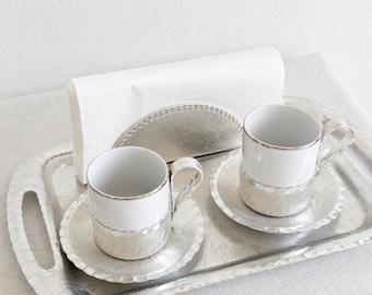 Juego de café de aluminio cepillado, 2 tazas, bandeja, azucarero y servilletero, estilo italiano vintage, metal plateado, regalo elegante, espresso