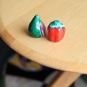 French Ceramic Salt and Pepper Shaker Set, Barbotine, Stylized Vegetables, Vintage Gift, Retro Kitsch, Colorful Pop, Colorful Decoration