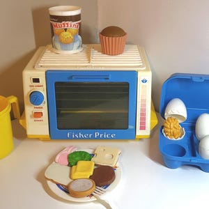 Vintage Fisher Price Fun with Food Kitchen Set 1987 Retro Toaster Oven Muffins Eggs Play Food Kids Toy Collection