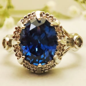 Rare Vintage Halo Estate 925 Sterling Silver Royal Blue Sapphire & White Zircons Engagement Ring For Her Size 7 Anniversary Gift