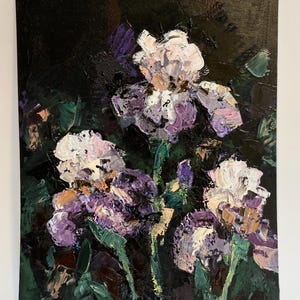Íris. Flores. Uma pintura de mídia mista (acrílico, óleo e pastel a óleo). Tamanho: A4 (22,7 × 29,7 cm).