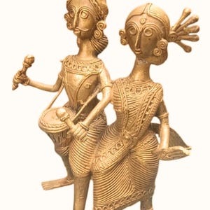 Handmade Brass Dhokra Couple Statue| Tribal Art Figurine from India for Wall Decor| Ethnic Home Decor| Symbol of Love & Tradition