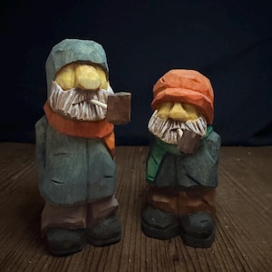 Gnomes Woodcarving Pipe Smoking Buddies: Winter, gnomes, whittling, basswood, acrylic, handmade, art, collectible