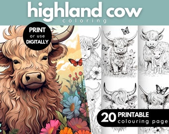 100 Cute Baby Highland Cows Coloring Page Book, Adults Kids, Cow ...