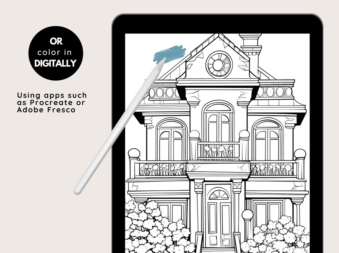 Real Estate Coloring, Printable Town House Colouring Book, Aesthetic ...