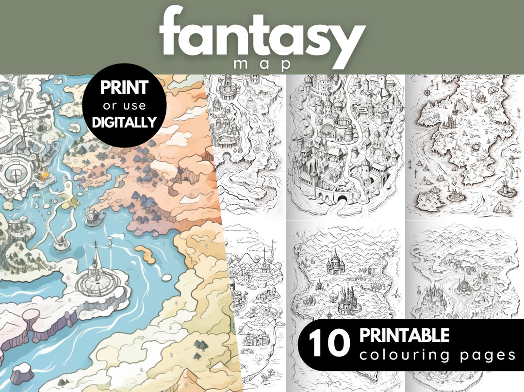 Fantasy Map Coloring Page, Mindfulness Adult Coloring Book, Magical ...