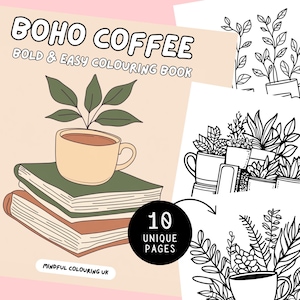 Coffee Coloring Pages, Relaxing Adult Coloring Sheets, 10 Colouring Pages of Books, Plants and Coffee Mugs, For Coffee Lovers and Book Worms