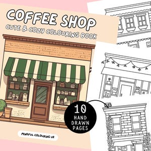 Adult Coloring Pages Printable Coffee, Vintage Coffee Shop, Aesthetic Cafe Storefront, Coffee Coloring Page, Coffee House Coloring Sheets