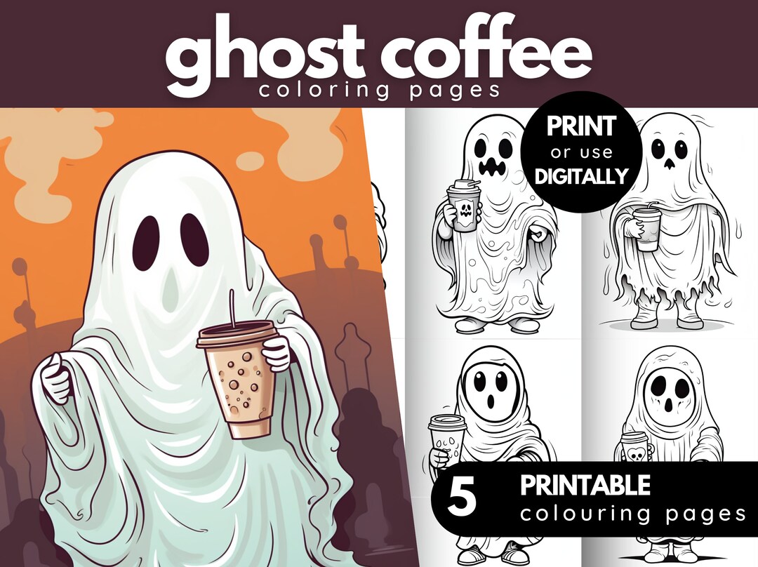Ghost Coffee Coloring Pages, Cute Ghost Holding Coffee, Simple Easy to ...