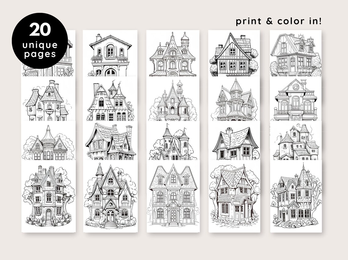 Real Estate Coloring, Printable Town House Colouring Book, Aesthetic ...