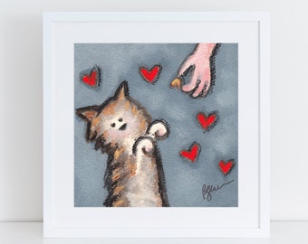 Tabby cat painting with hearts, tabby cat begging for treats, cat art for cat lovers, tabby cat portrait with cat treats, art for my kitchen