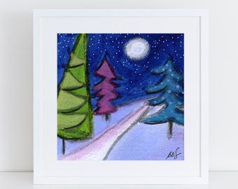 Winter night painting,  whimsical artwork, blue and purple winter art, night sky landscape  , art for my house FREE Shipping
