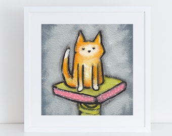 Orange tabby cat painting, funny cat illustration, golden tabby cat on top of cat furniture, cat art for cat lovers, orange cat portrait