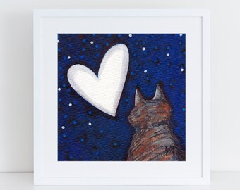 Painting of Tabby cat with heart moon, dreamy cat illustration, van gogh cat inspired, blue night sky art  FREE Shipping