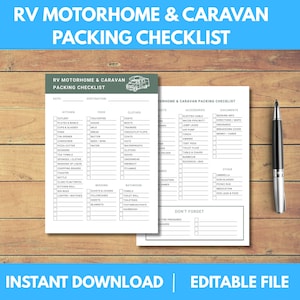 EDITABLE RV Motorhome Caravan Packing Checklist - Printable RV Checklist Campervan Travel Checklist Motorhome Planner Packlist