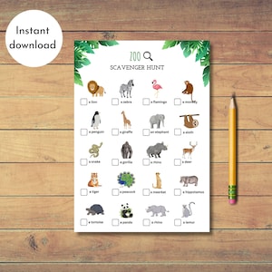 ZOO SCAVENGER HUNT Printable Zoo Activity Kids Animal Spotting Game Digital Download Animal Treasure Hunt for Kids Animal Scavenger Hunt