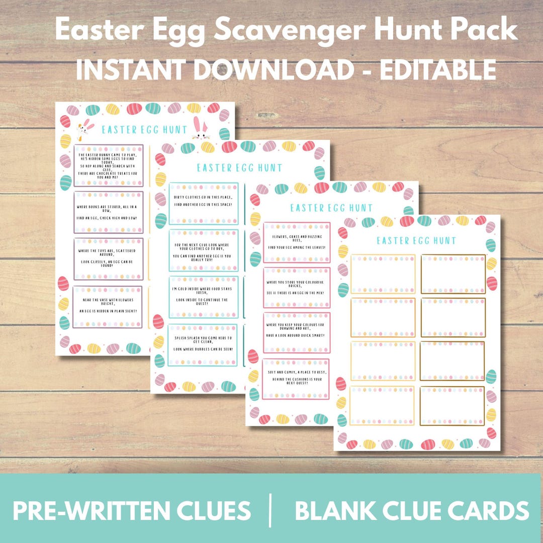 Editable Easter Egg Hunt Clue Cards: Kids Scavenger Hunt (digital ...