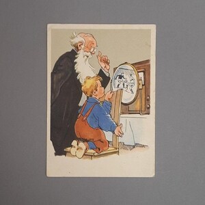 Cartão postal vintage dois fãs, artista Uzbekov, 1955, ilustrações soviéticas, cartão postal de futebol, cartão postal colecionável, cartão postal infantil antigo URSS