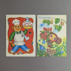 Herzlichen Glückwunsch Geschenk, Vintage Postkarten 80er Jahre, Cheburashka Postkarte, Happy März 8th, süße Bilder Illustrationen, Frühling Postkarten, UdSSR Karte